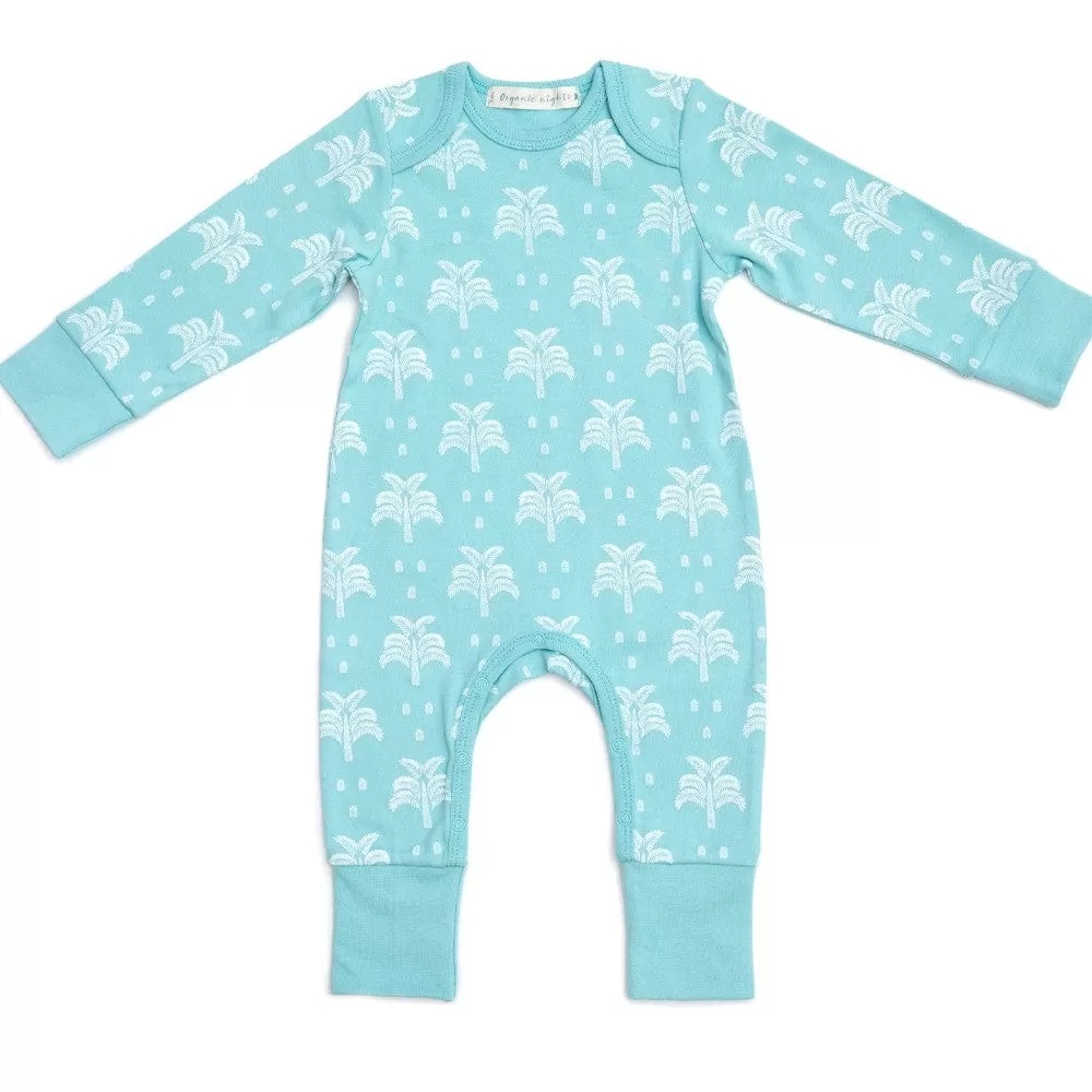 100% Organic Cotton Baby Sleepsuit - Aquatic Blue Palms and Pineapples