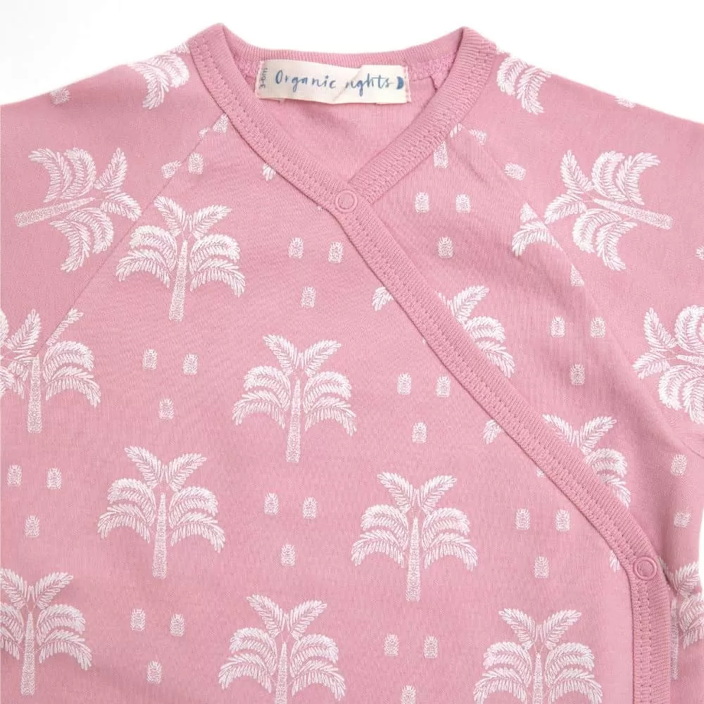 100% Organic Cotton Crossover Baby Sleepsuit with Feet - Blush Pink Palms and Pineapples