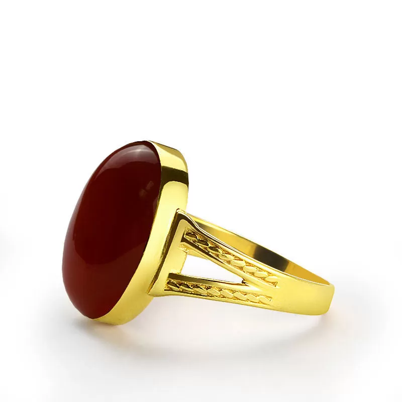 10k Yellow Gold Men's Ring with Natural Red Agate Stone