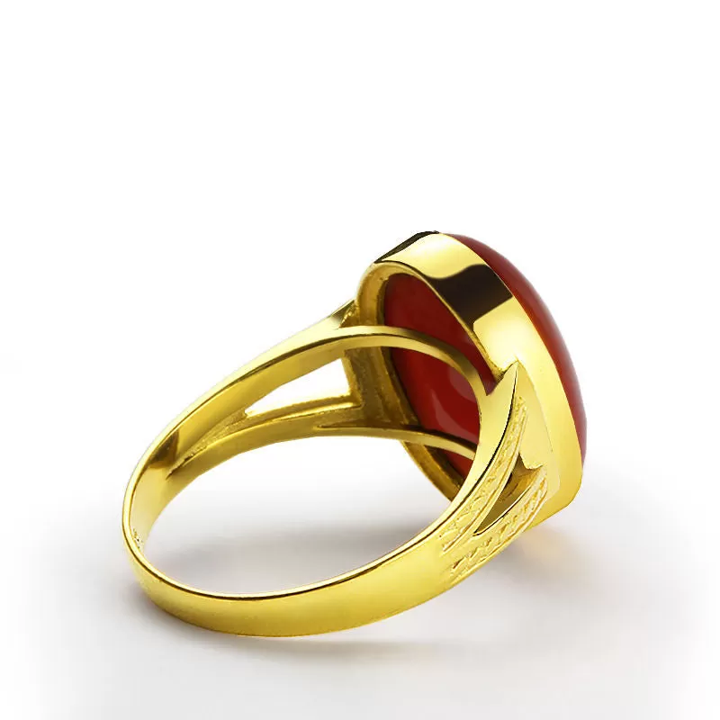 10k Yellow Gold Men's Ring with Natural Red Agate Stone