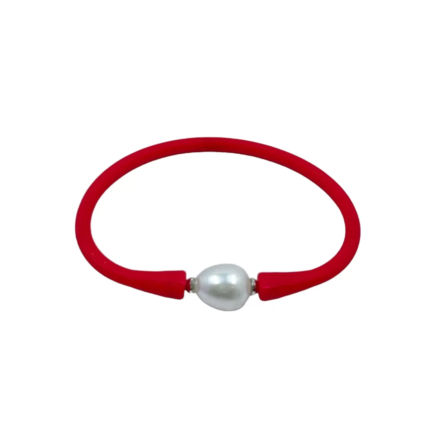 11mm Cultured White Pearl and Red Silicone Bracelet