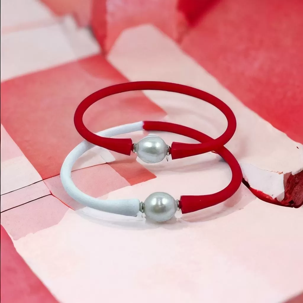 11mm Cultured White Pearl and Red Silicone Bracelet