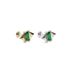 14K Gold Baguette Emerald Pyramid Stud