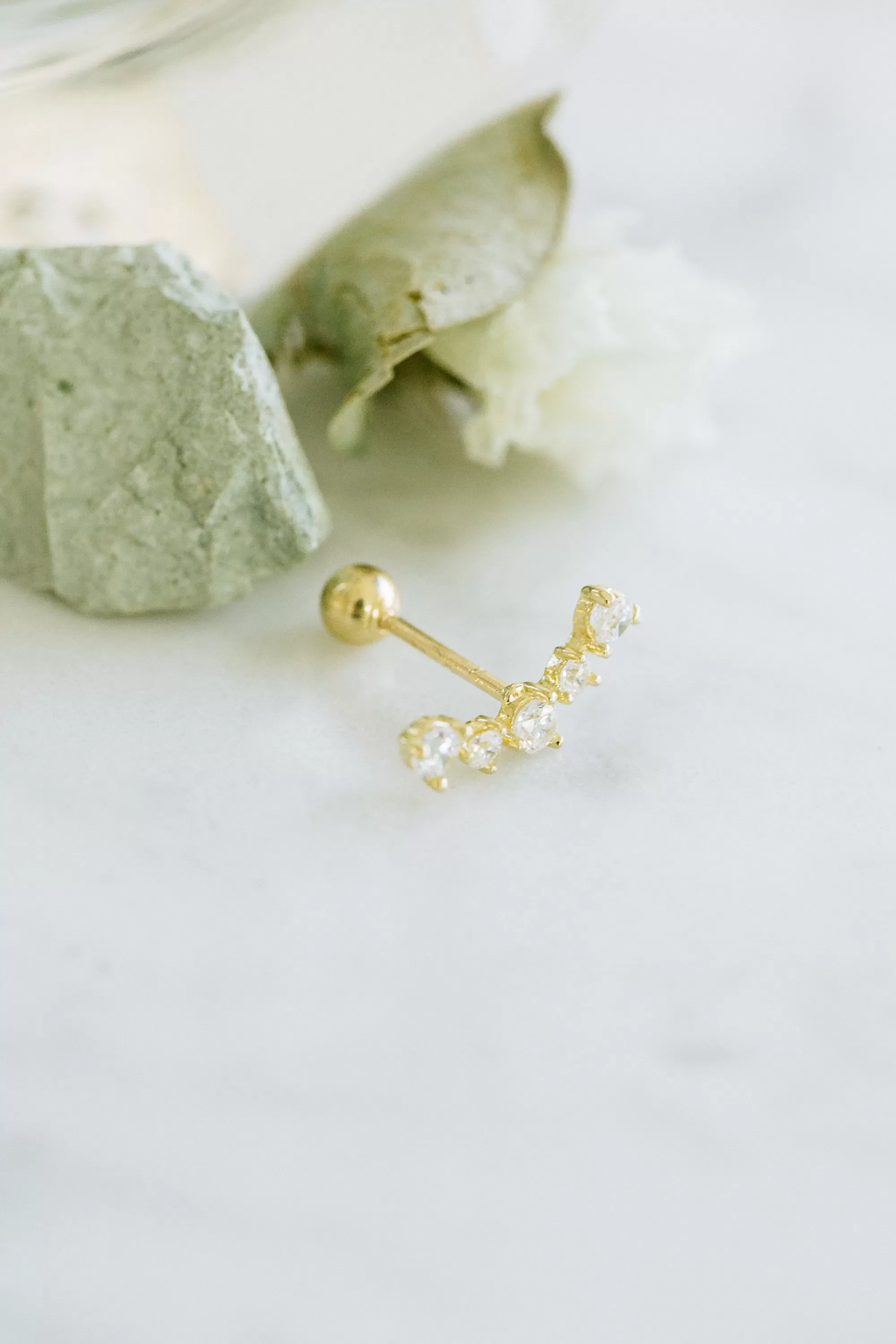 14k Real Solid Gold Minimalist Delicate Cz Curved Stick Bar Barbell Ear Stud Earring Piercing Jewelry