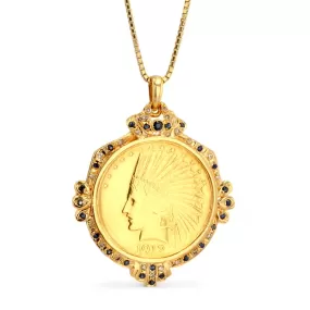 18K yellow gold bezel coin original 22k blue sapphire and diamond box solid chain 18k-18405