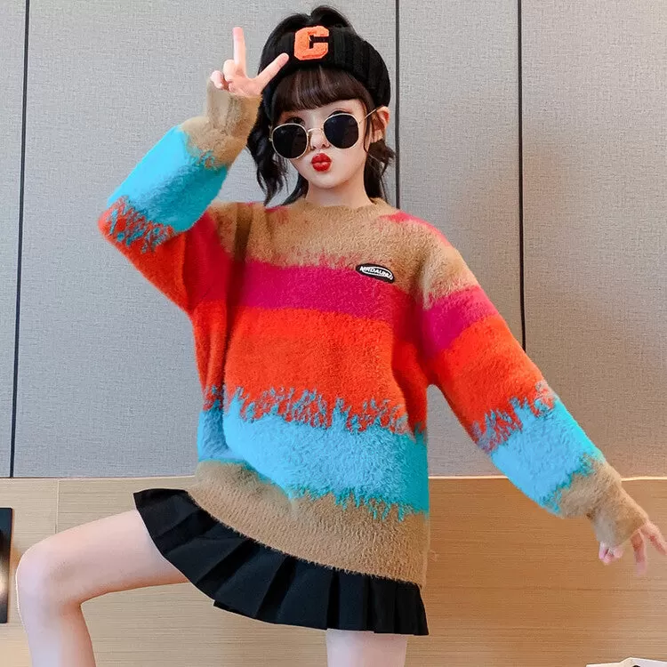 3-13Y Colorblock Knitted Contrast Warm Long Sleeve Girl Sweater Wholesale Kids Boutique Clothing