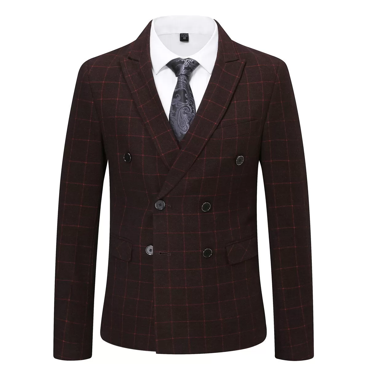 3-Piece Slim Fit Double Breasted Suit Plaid Red Suit