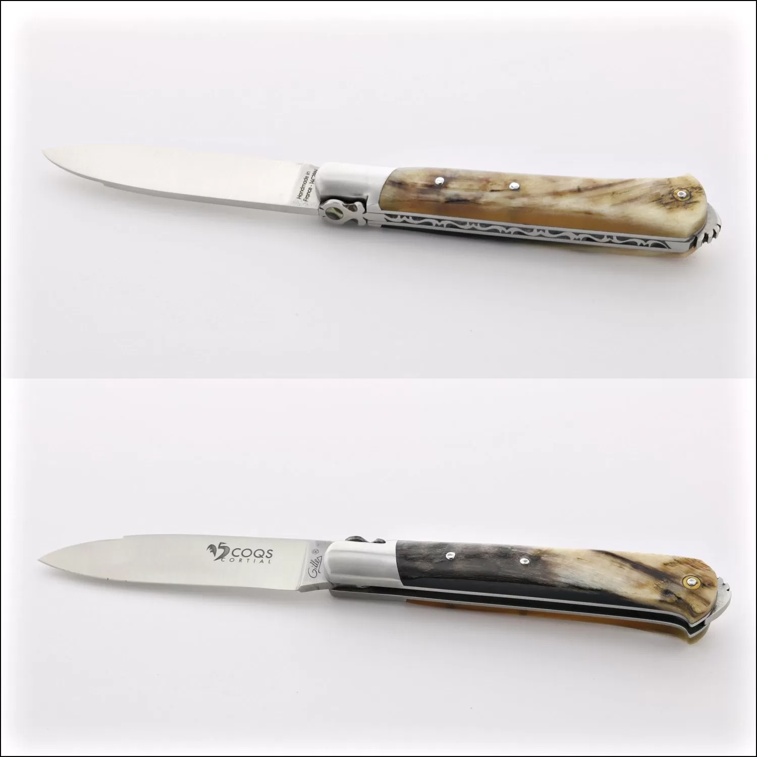 5 Coqs Pocket Knife - Dark Ram Horn & Mother of Pearl Inlay