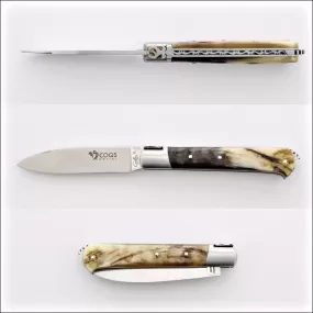 5 Coqs Pocket Knife - Dark Ram Horn & Mother of Pearl Inlay