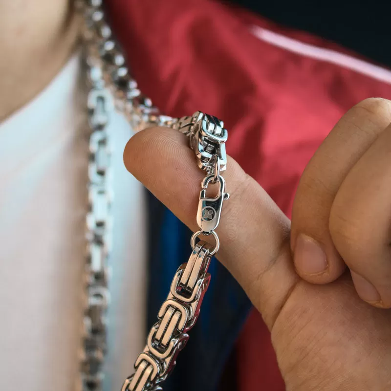 8mm Large Stainless Steel Byzantine Chain in White Gold