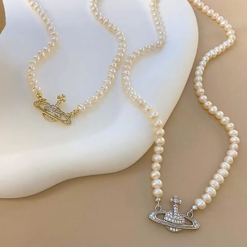 925 Sterling Silver Saturn Real Pearl Necklace