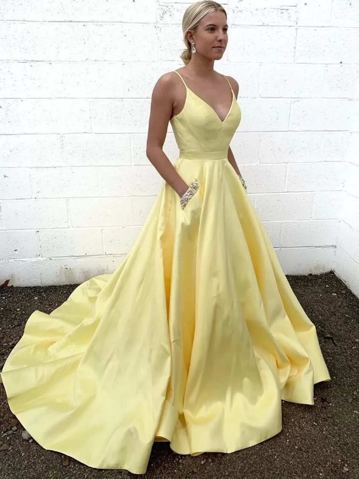 A-line V Neck Satin Long Prom Dresses with Pockets Yellow Formal Evening Gowns