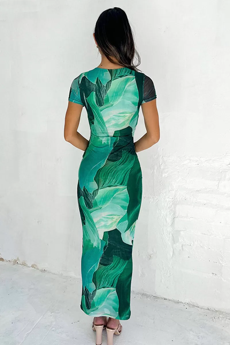 Abstract Print Short Sleeve Bodycon Maxi Dress