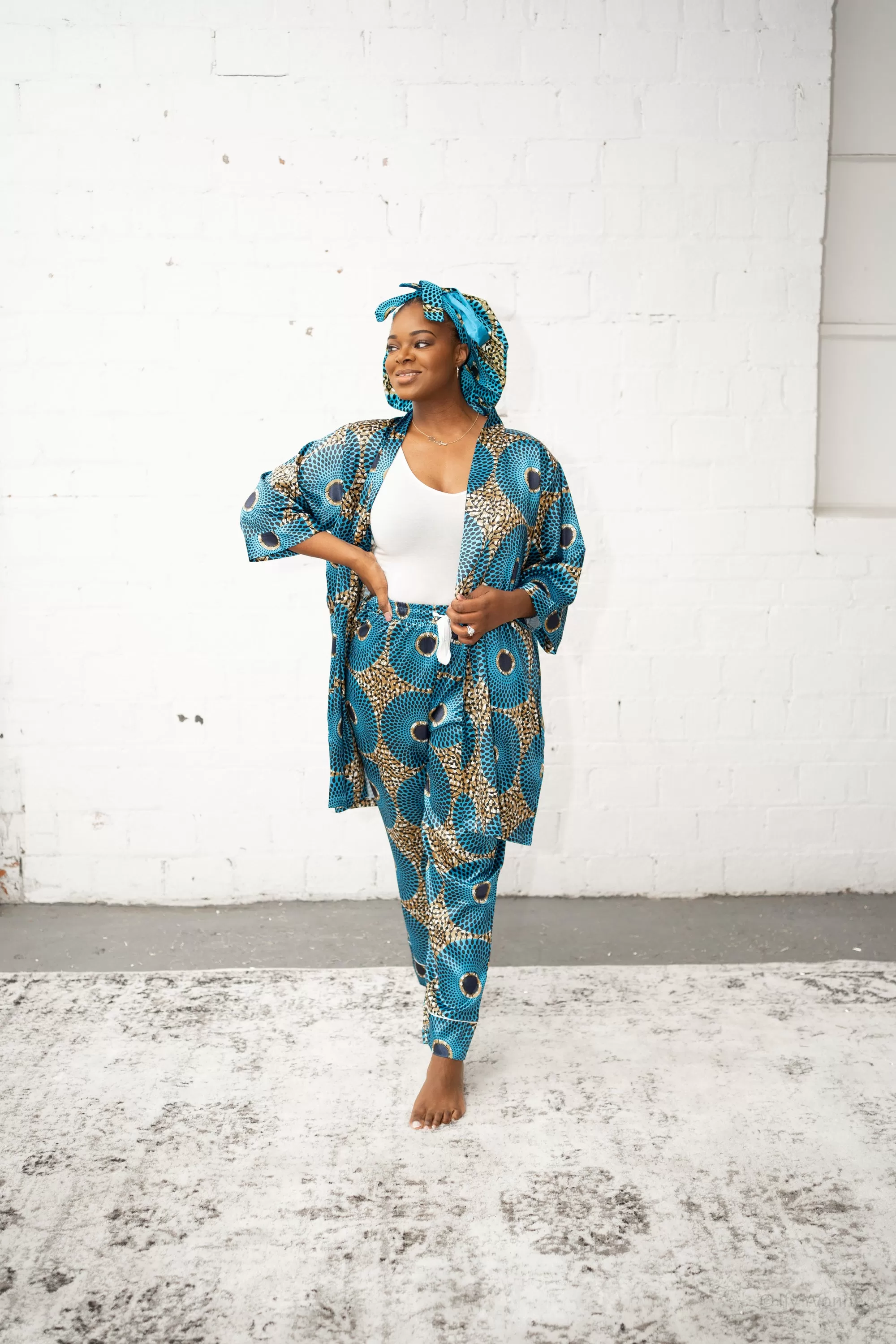 African Print Satin Robe (Aqua Blue)