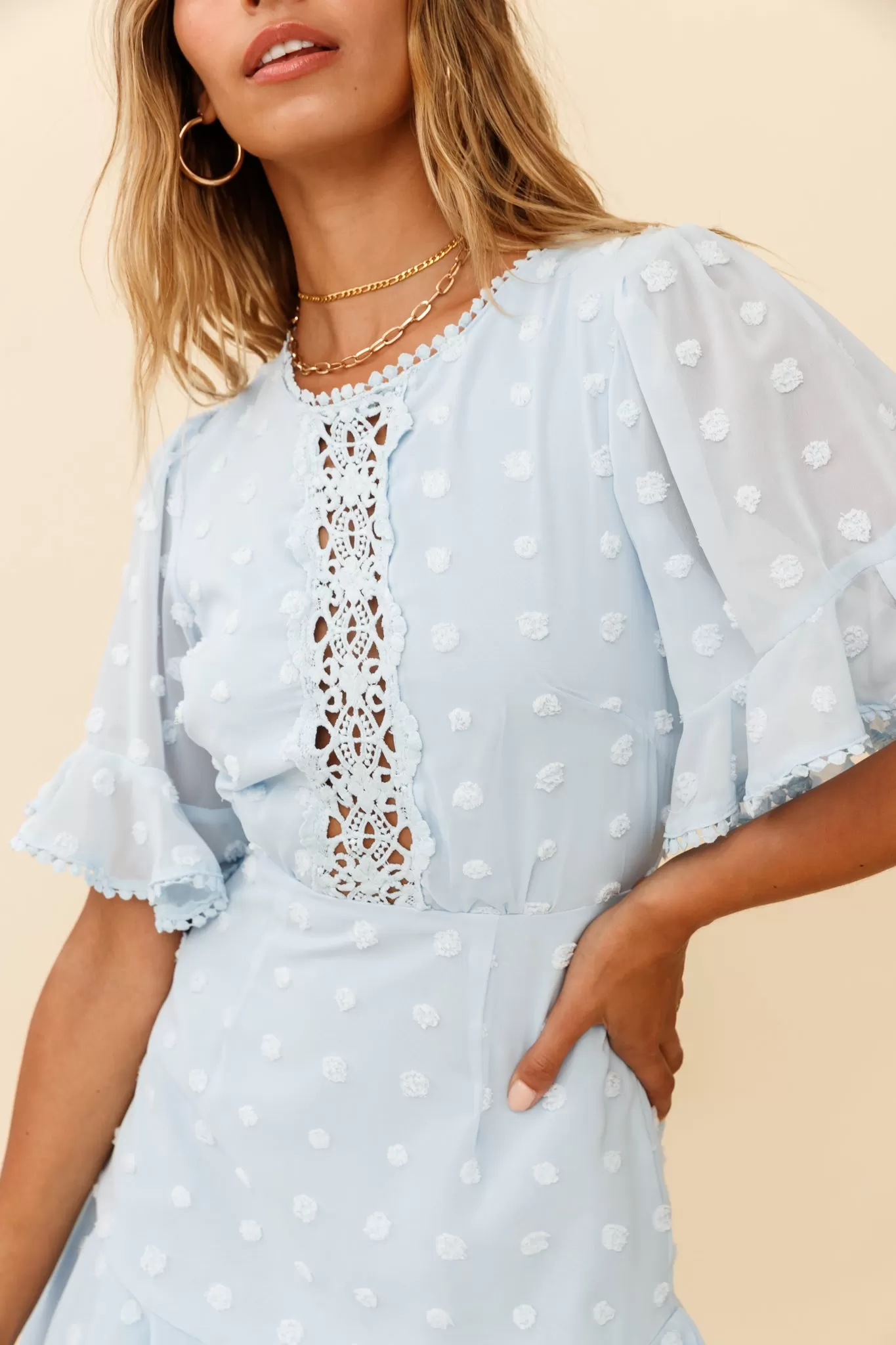 Afternoon Delight Crochet Bust Accent Open Back Dress Baby Blue