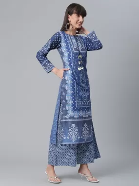 Ahalyaa Women Navy Blue Crepe Floral Print kurta with Palazzo