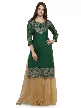 Ahalyaa Women's Green Poly Silk Gold Foil Print Kurta