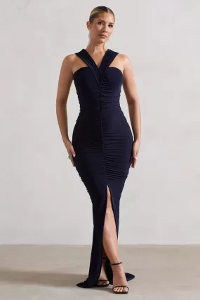 Aida | Navy Ruched V-Neck Split Maxi Dress