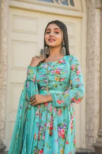 Aqua Blue Chinon Floral Print Anarkali Suit Set