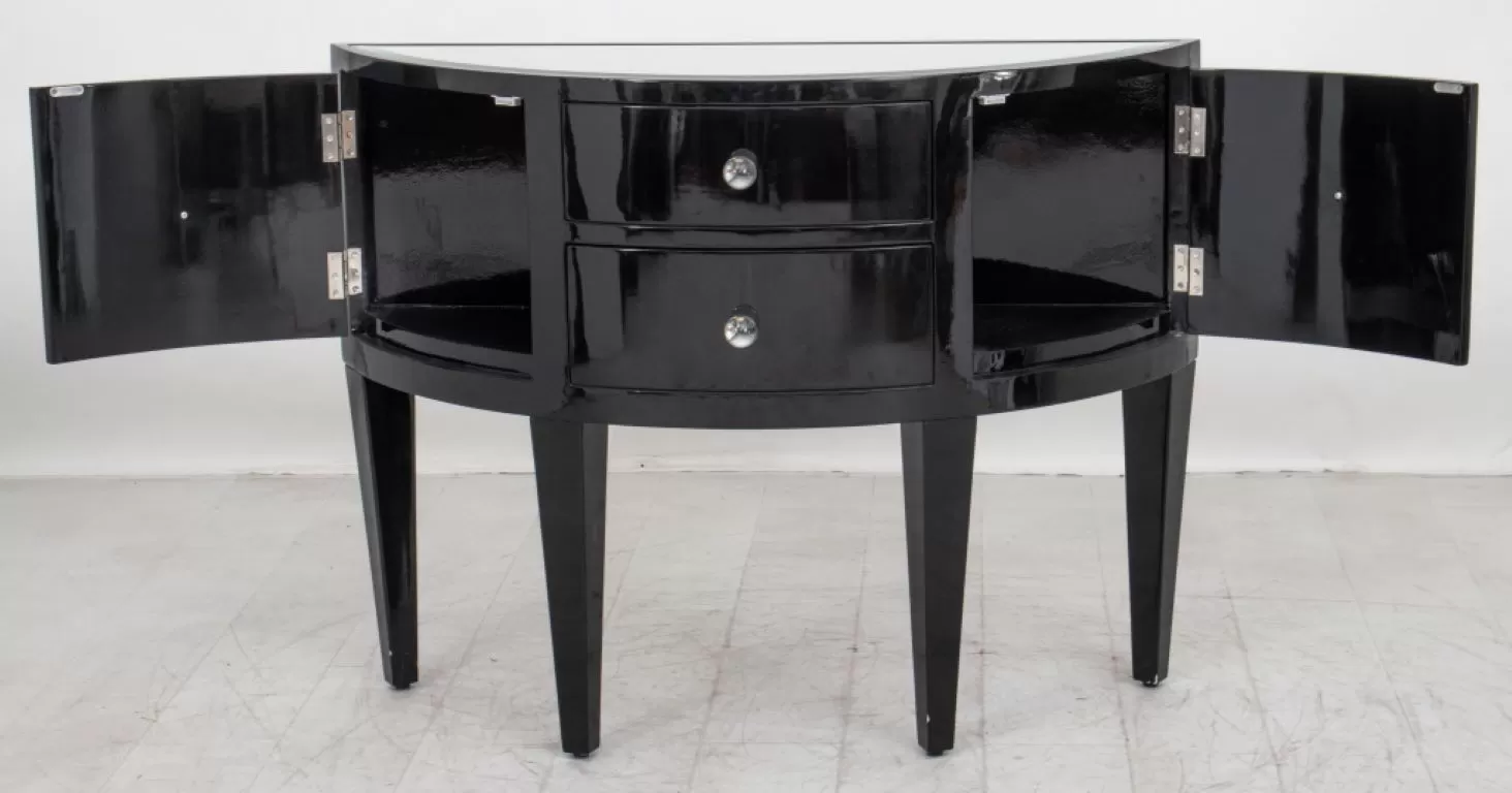 Art Deco Style Black Lacquered Demilune Cabinet