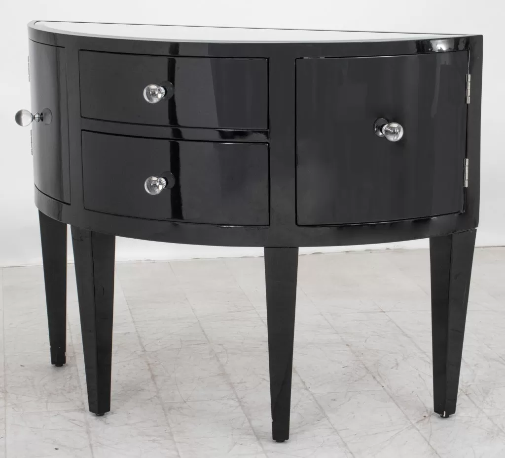 Art Deco Style Black Lacquered Demilune Cabinet