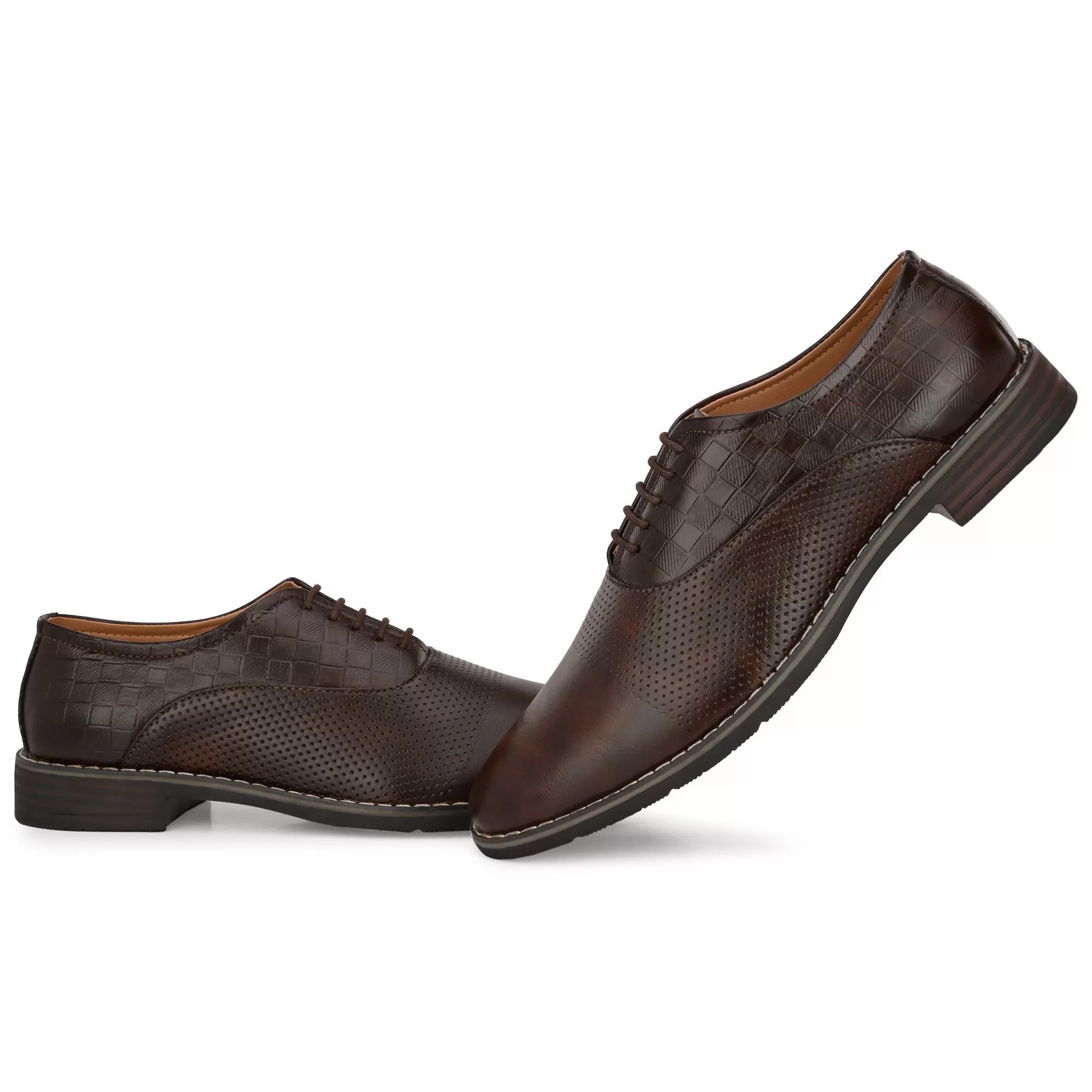 Attitudist Unisex Handcrafted Oxford Brown Formal Laceup Derby Shoes With Textured Upper Material