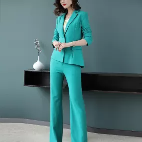 Belle Cyan Two Button High Low Blazer & Flare Pant Suit