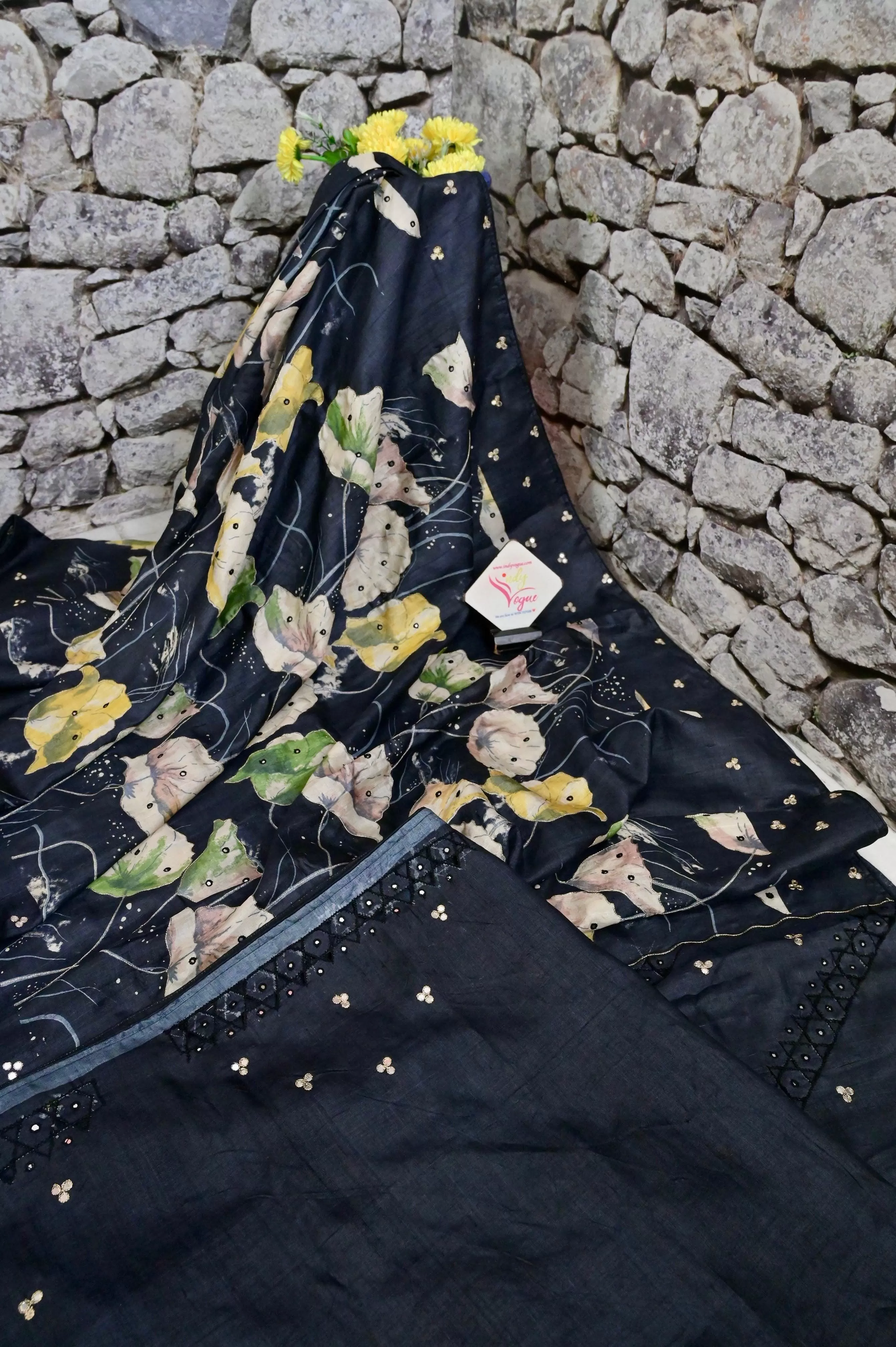 Black Color Pure Tussar Silk Saree with Digital Print and Embroidery Work