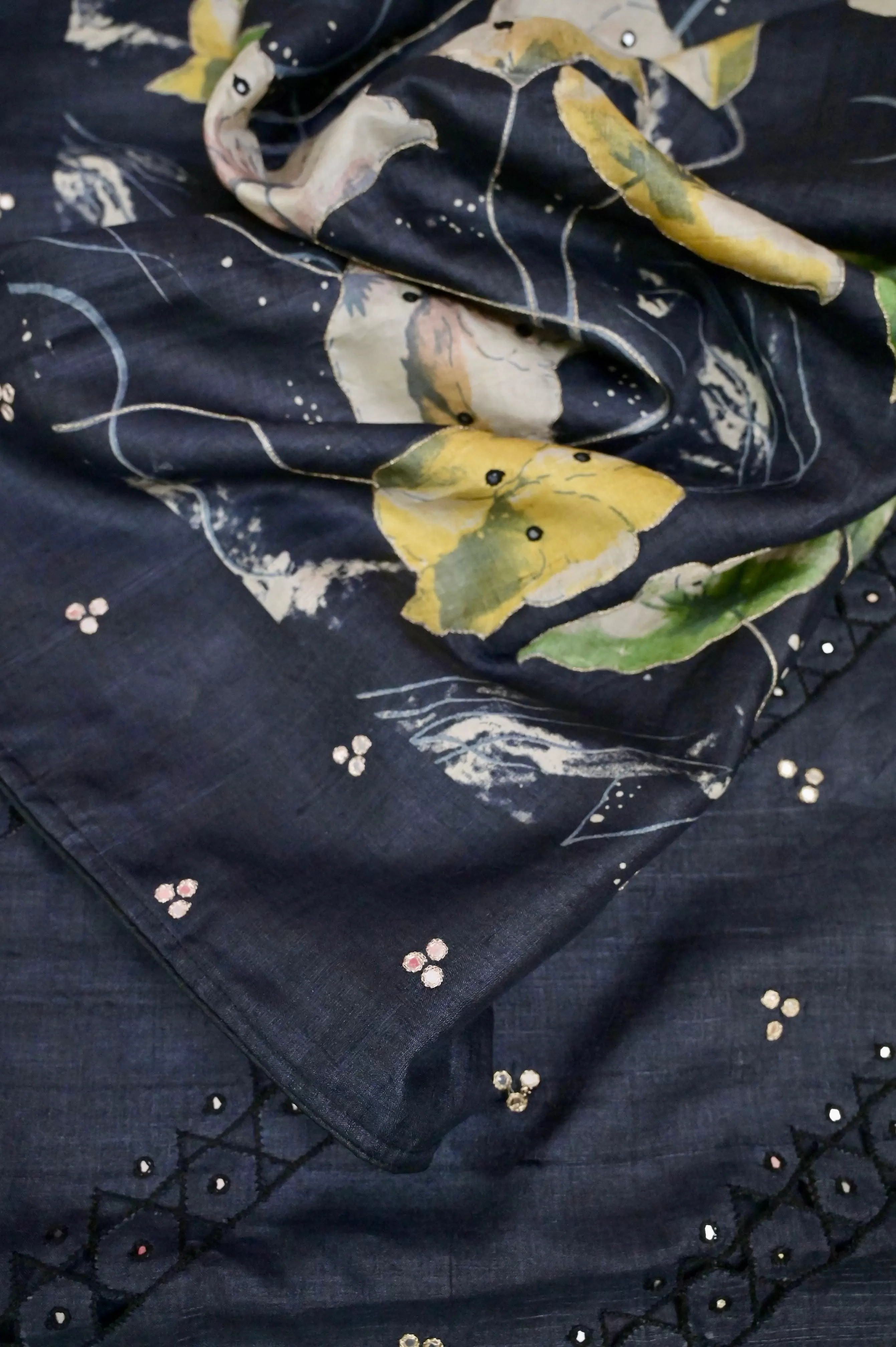 Black Color Pure Tussar Silk Saree with Digital Print and Embroidery Work