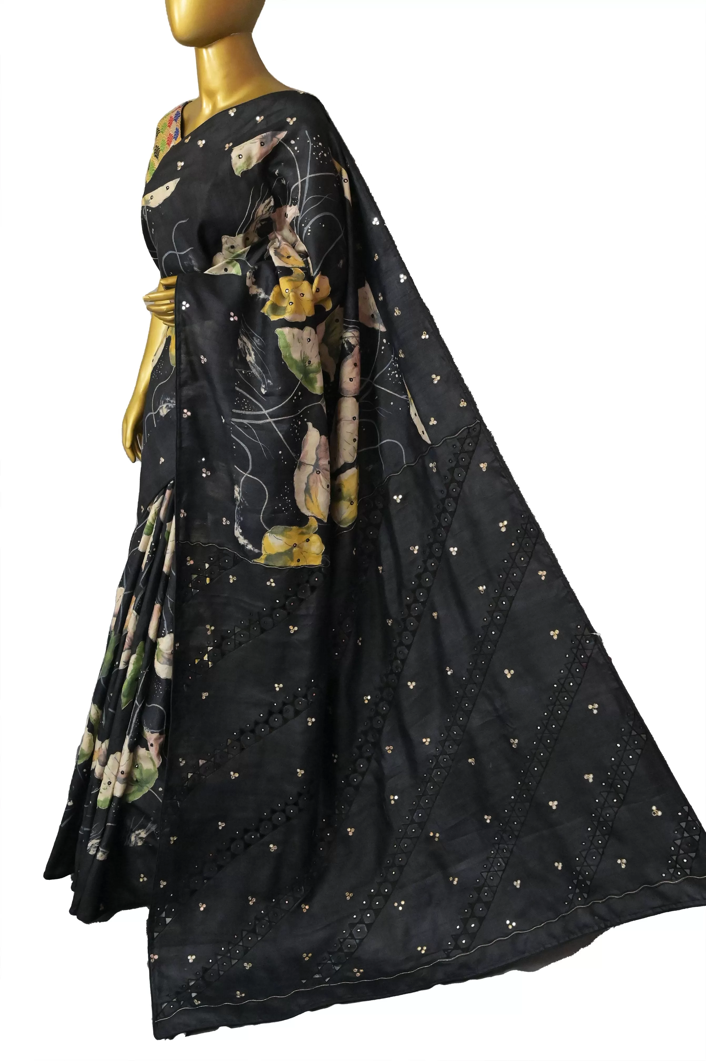 Black Color Pure Tussar Silk Saree with Digital Print and Embroidery Work