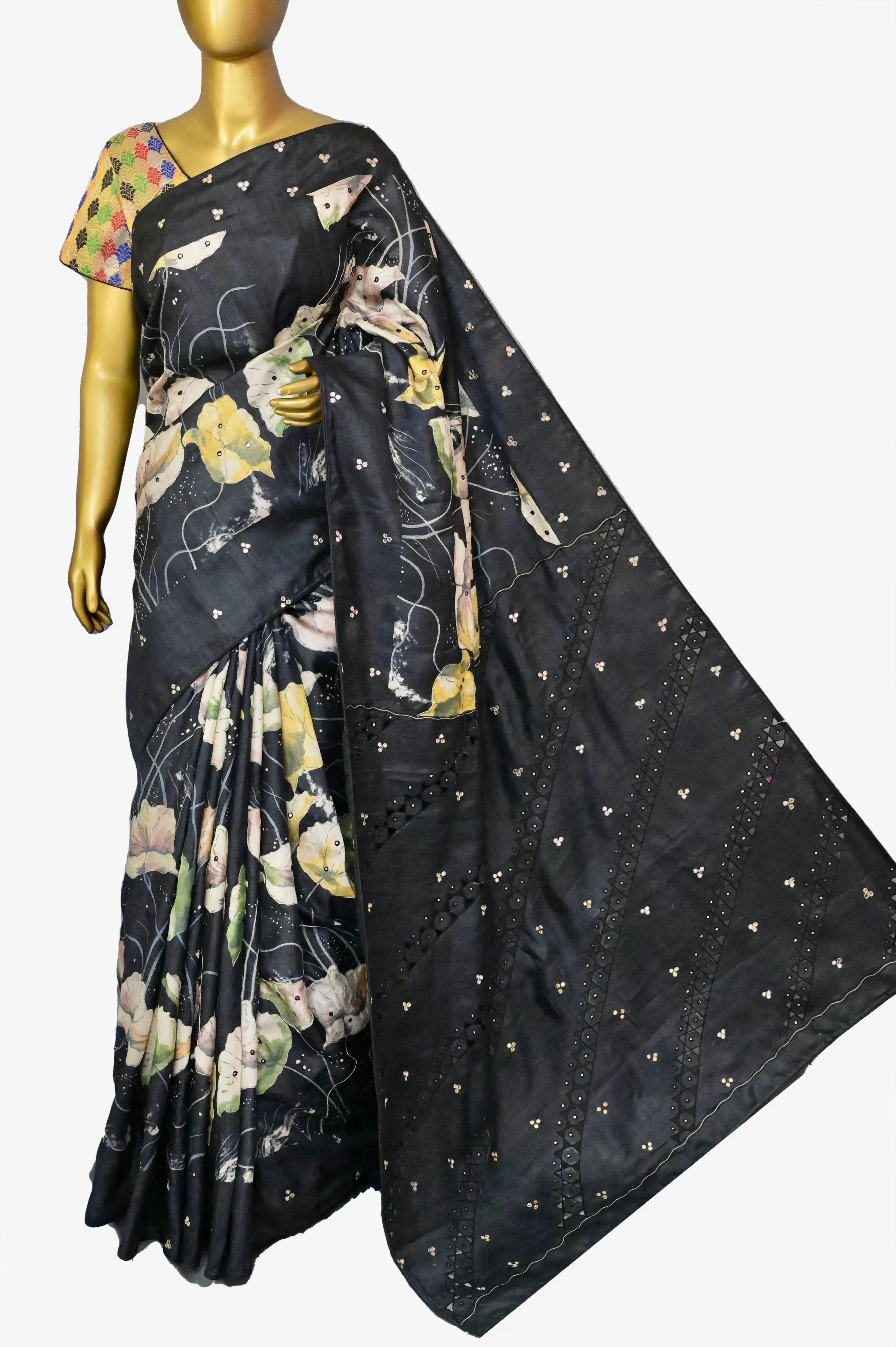 Black Color Pure Tussar Silk Saree with Digital Print and Embroidery Work