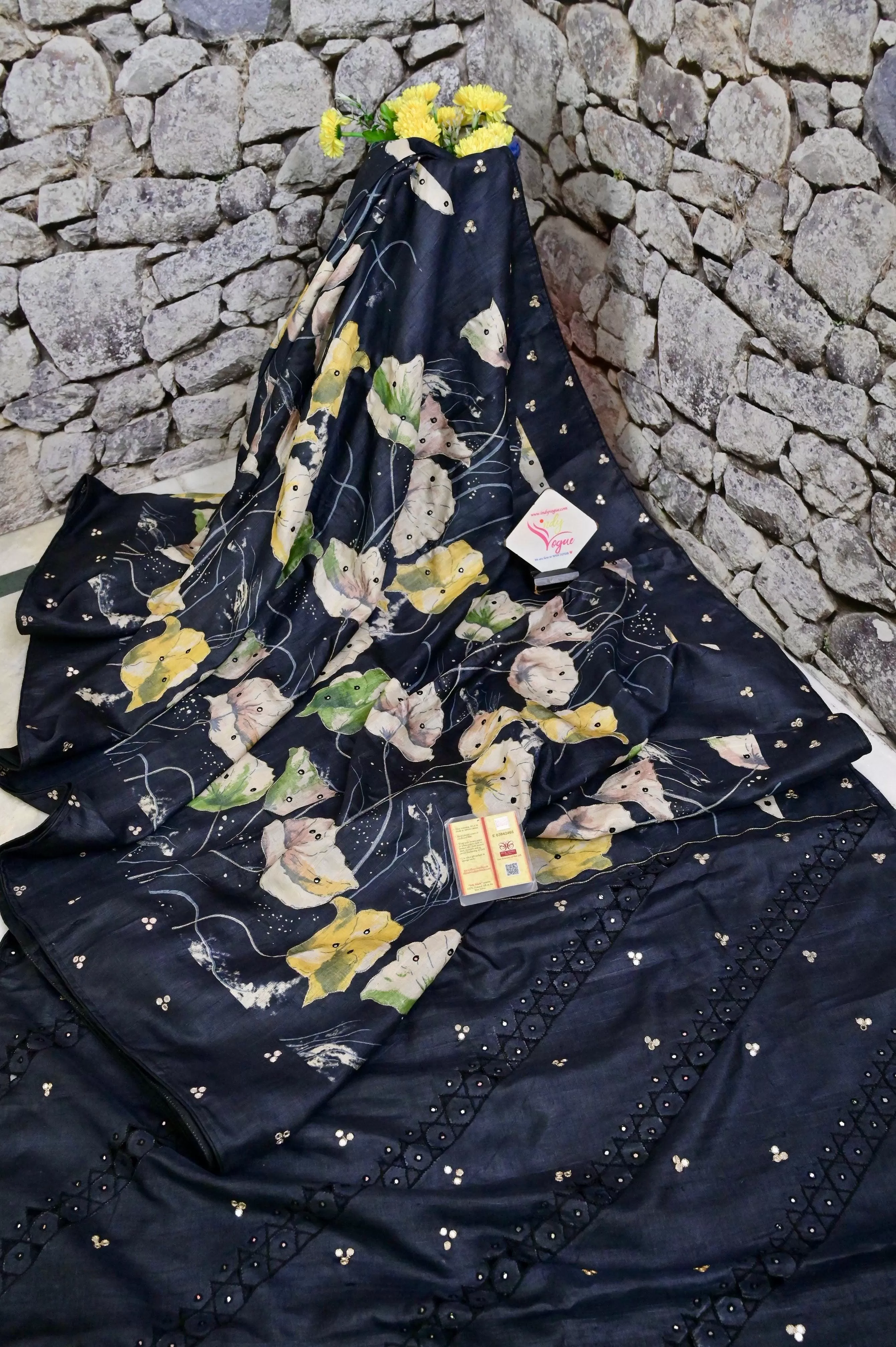 Black Color Pure Tussar Silk Saree with Digital Print and Embroidery Work