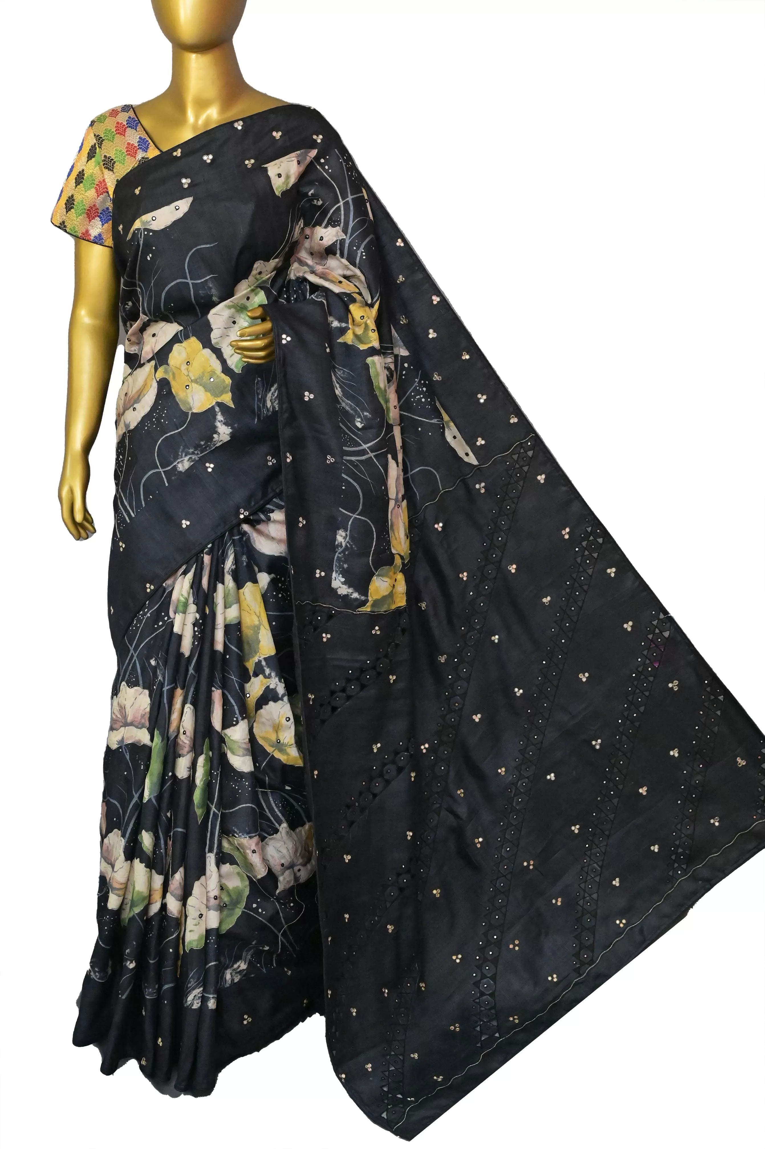 Black Color Pure Tussar Silk Saree with Digital Print and Embroidery Work