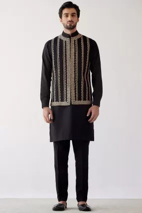 Black Cotton Silk Kurta with Bundi Set