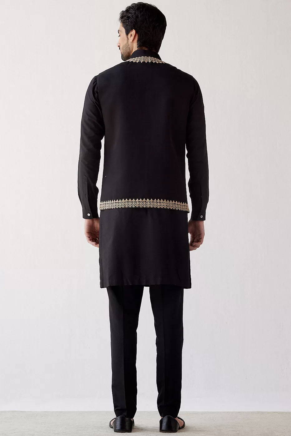 Black Cotton Silk Kurta with Bundi Set