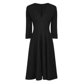 Black Deep V Neck 3/4 Sleeve Rockabilly 50s Swing Dress