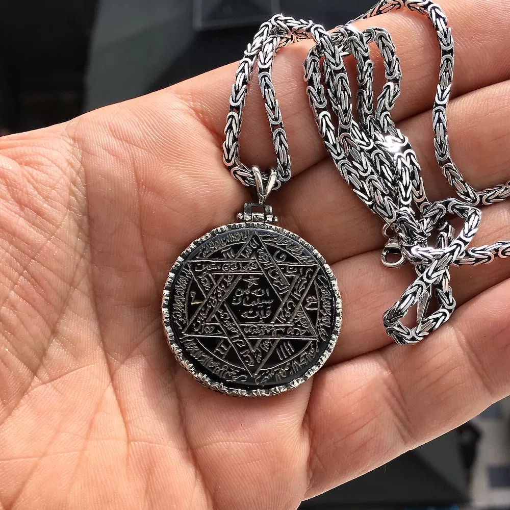 Black Onyx Pendant Sterling Silver 925 Kings Chain Necklace Handengraved Seal of Solomon Talisman Amulet