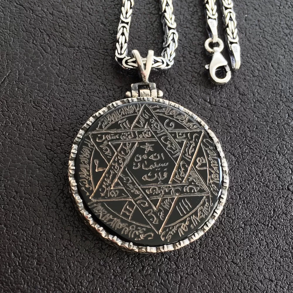 Black Onyx Pendant Sterling Silver 925 Kings Chain Necklace Handengraved Seal of Solomon Talisman Amulet