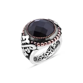 Black Onyx Rim Around Facet Cut Black Zircon Stone Circle Silver Men's Ring Siding Triangular Braid