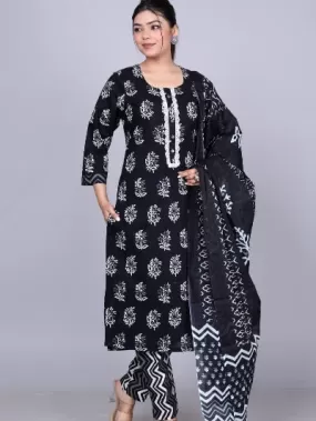 Black Pure Cotton Printed Salwar Suit Set