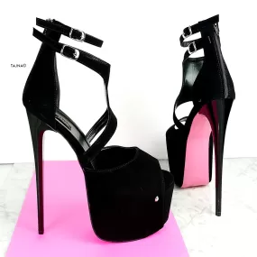 Black Suede Designer Strap Heels