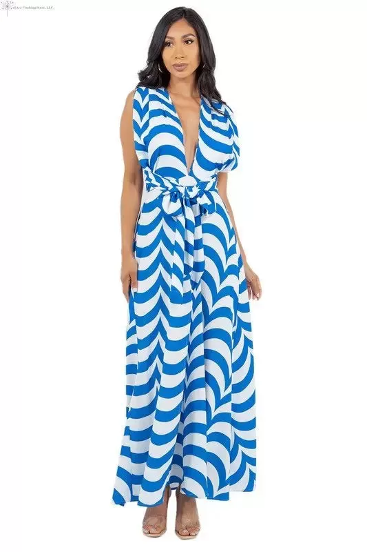 Blue and White Maxi Dress Side Slit