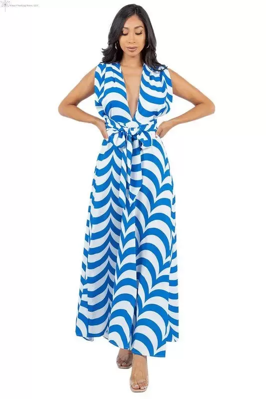 Blue and White Maxi Dress Side Slit