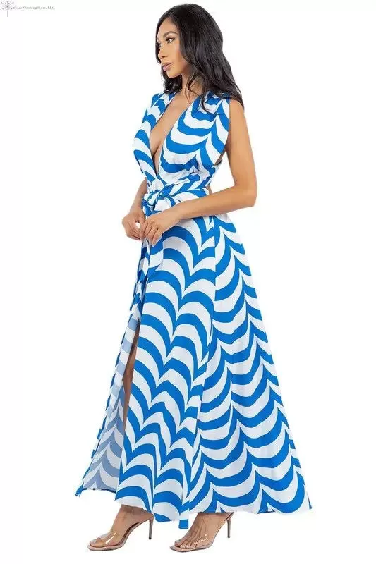 Blue and White Maxi Dress Side Slit