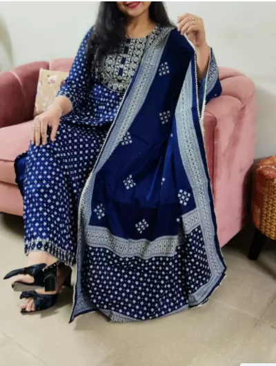 Blue Butti Cotton Handblock Salwar Suit Dupatta