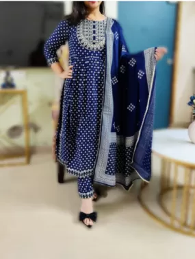 Blue Butti Cotton Handblock Salwar Suit Dupatta