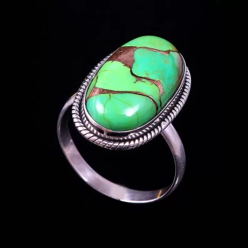 Bohemian Green Copper Turquoise Cocktail 925 Sterling Silver Ring,Oval Turquoise Gemstone,Gift for Her