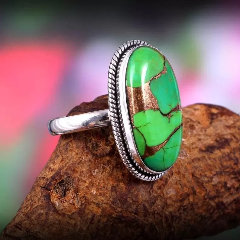 Bohemian Green Copper Turquoise Cocktail 925 Sterling Silver Ring,Oval Turquoise Gemstone,Gift for Her