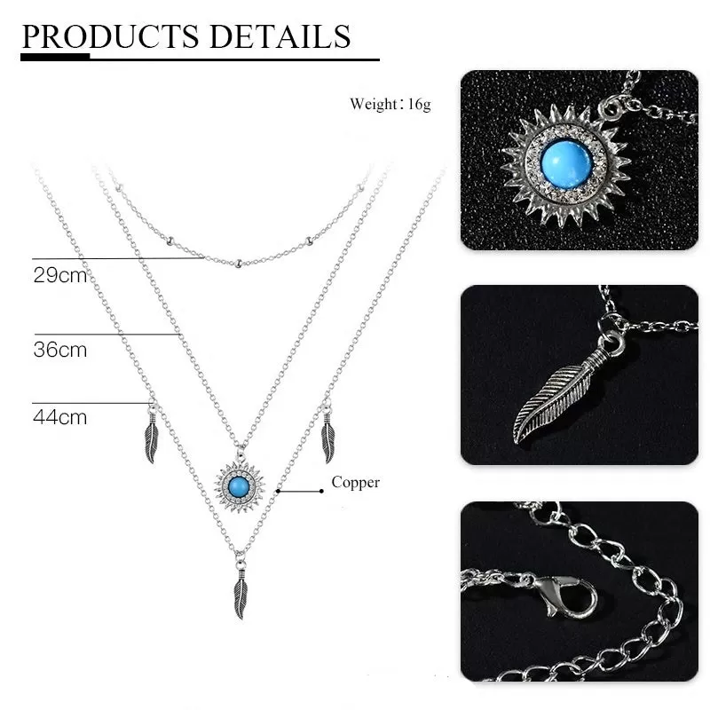 Boho Star Moon Sun Silver Multi-layer Chain Necklace