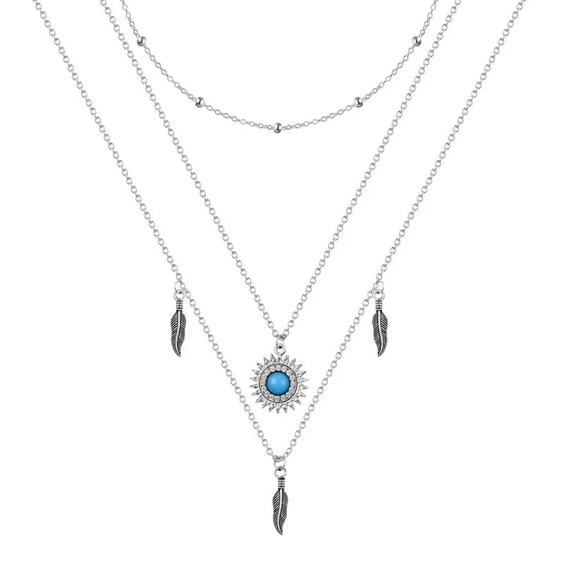 Boho Star Moon Sun Silver Multi-layer Chain Necklace